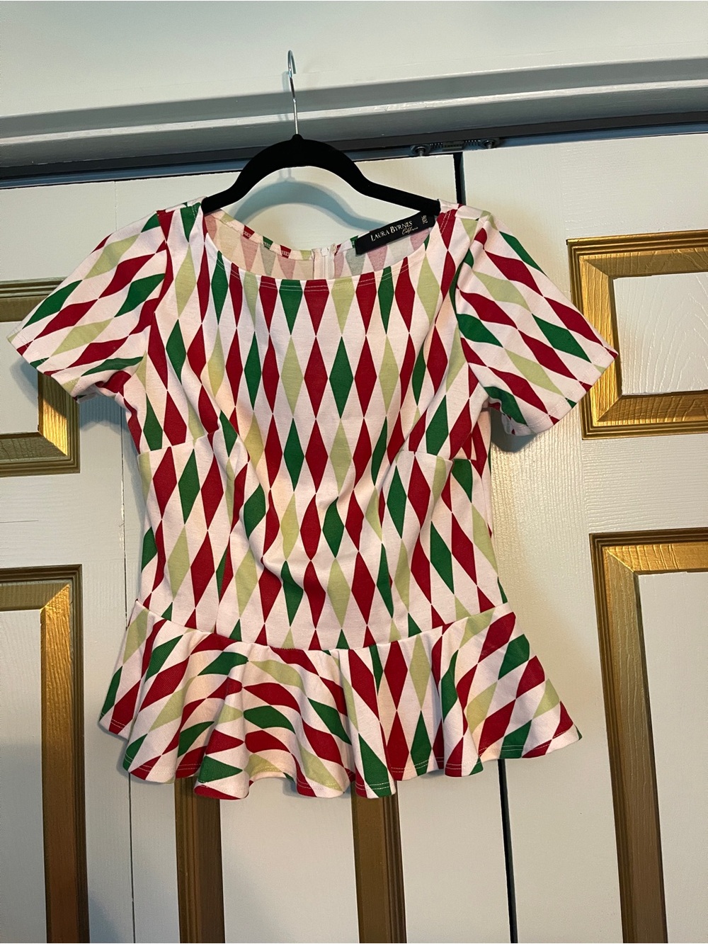 Pinup Couture PUG x Laura Byrnes Red, Green & White Harlequin Peplum Top